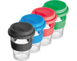 Glass mug with silicon sleeve and lid