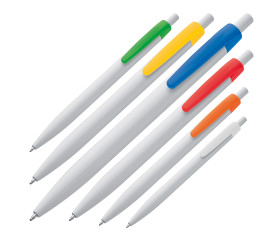 White plastic ball pen with coloured clip